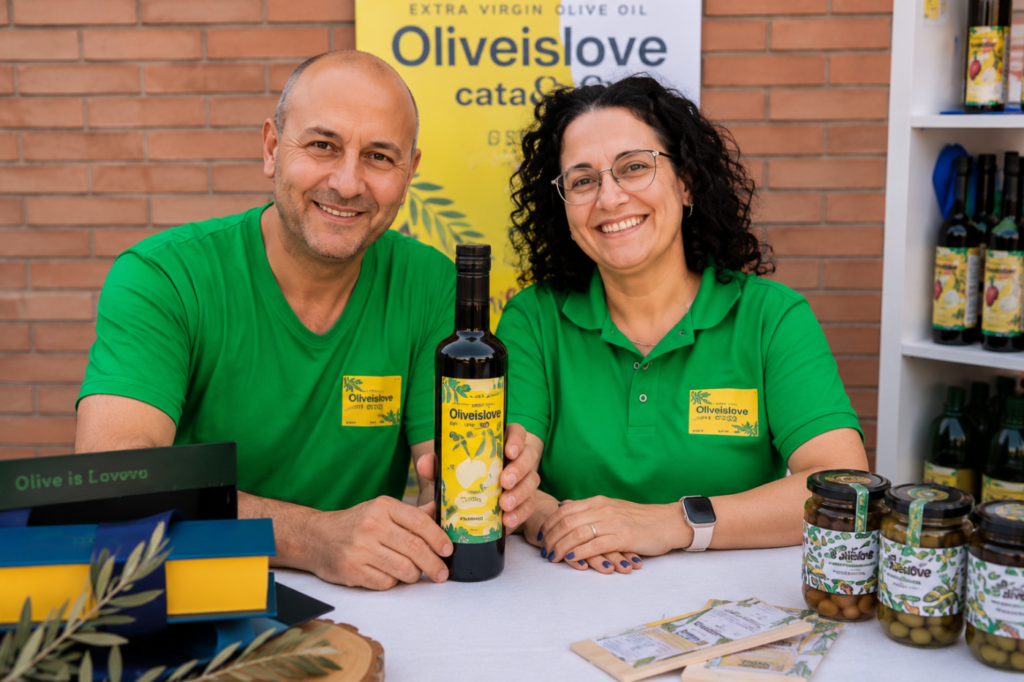 Fundadores de Olive is Love junto a uno de sus aceites de oliva.