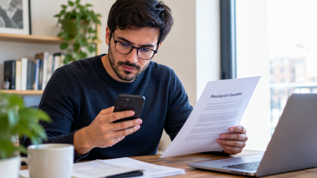 Persona revisando las instrucciones de una resolución favorable de extranjería y su cita de huellas.